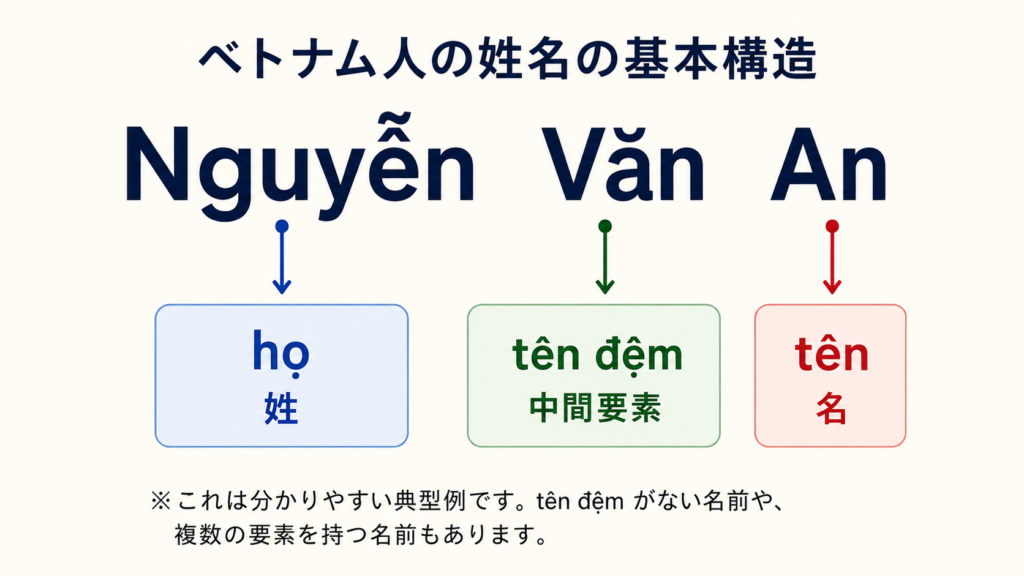 ベトナム人の姓名の基本構造。Nguyễn Văn Anをhọ・tên đệm・tênに分けた図
