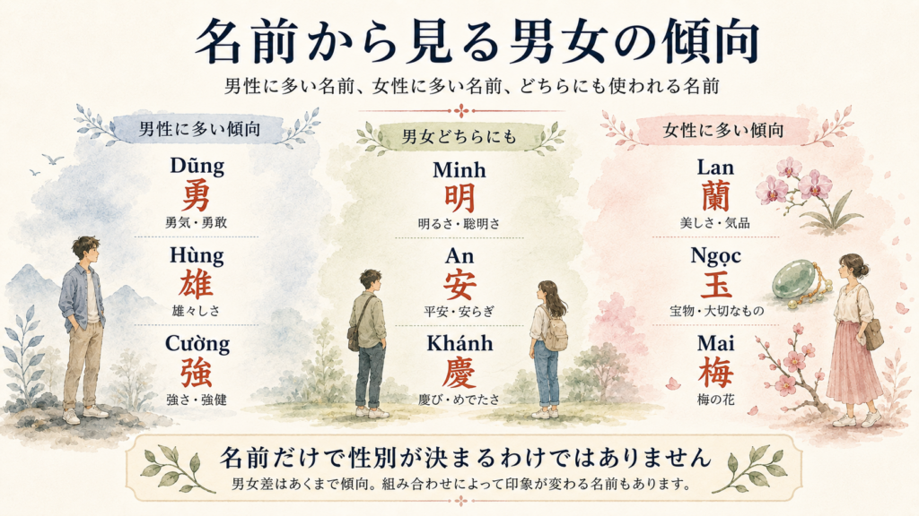 男性寄り／女性寄り／男女共通。必ずベトナム語＋漢字＋意味をセットにする