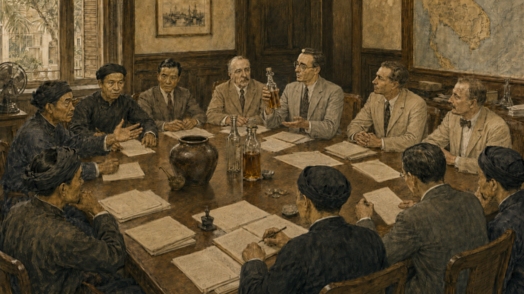 1933年のSài Gònでヌックマムの瓶詰めと封緘案を議論する様子の歴史再現画