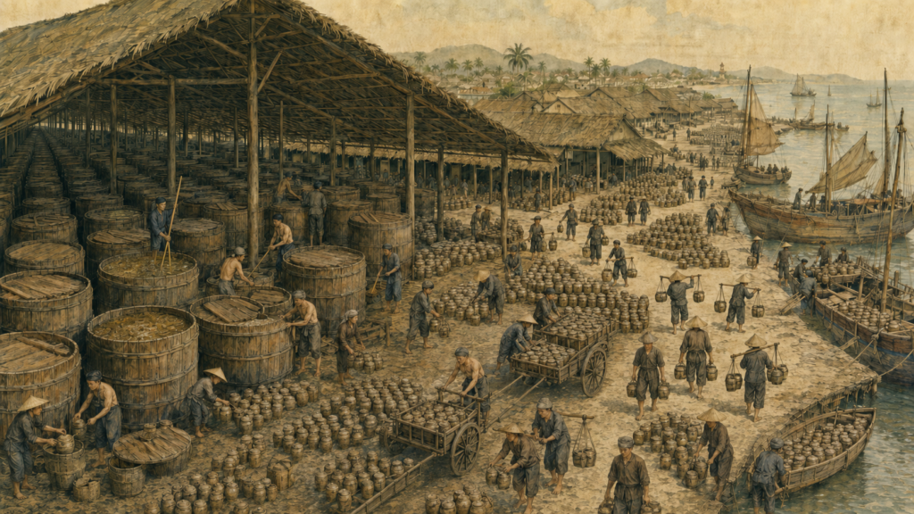 1925年ごろのBình Thuậnで大規模化したヌックマム産業の歴史再現画