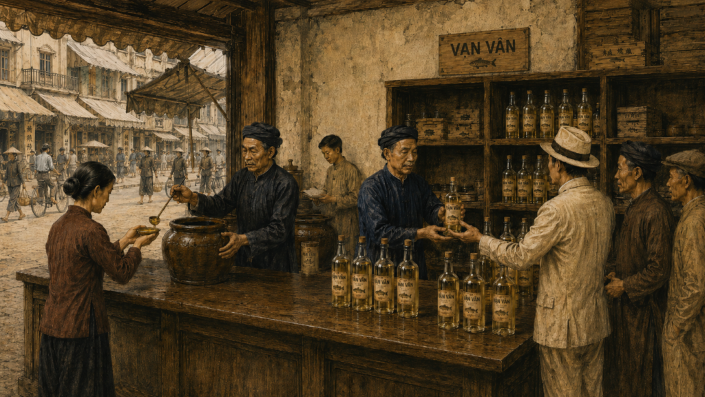 1935年から1936年ごろのHà NộiでVạn Vânの瓶入りヌックマムを販売する様子の歴史再現画