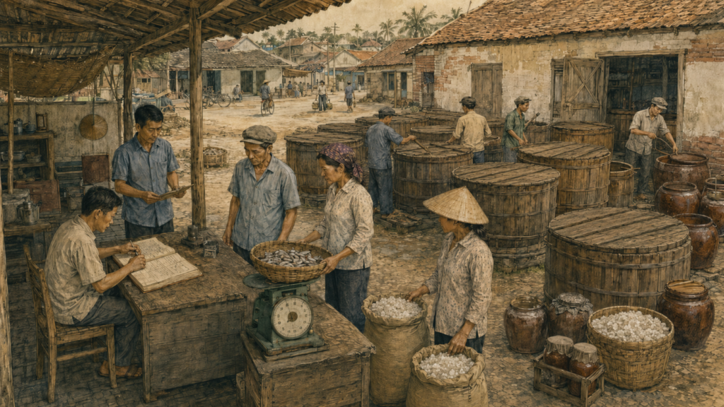 1980年代のPhan Thiếtで統制経済下のヌックマム生産を管理する様子の歴史再現画