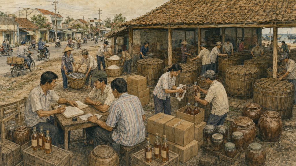 1998年ごろのPhan ThiếtでĐổi Mới後に民間生産と市場取引が再開する様子の歴史再現画