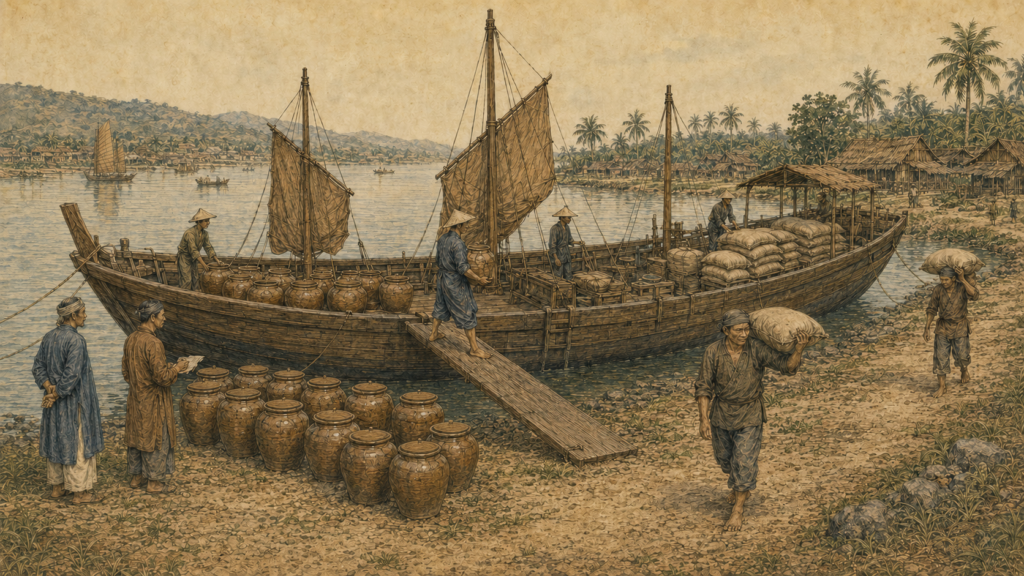 1869年ごろのPhú Quốcでヌックマムと米や塩を交易する様子の歴史再現画