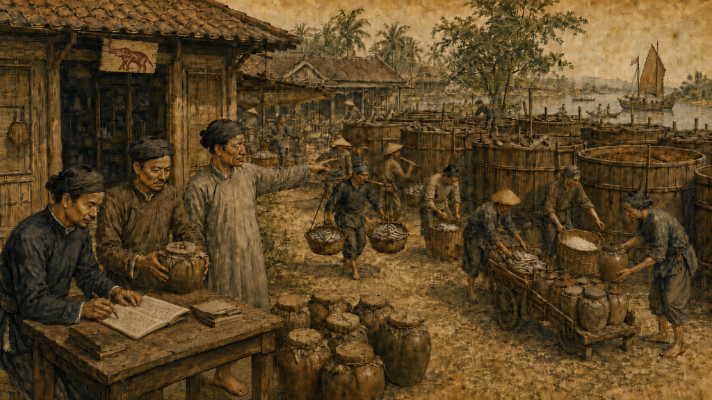 1906年のPhan ThiếtでLiên Thành Thương Quánがヌックマムを商業化する様子の歴史再現画