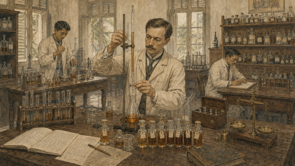 1916年ごろのSài Gònでパスツール研究所がヌックマムを化学分析する様子の歴史再現画