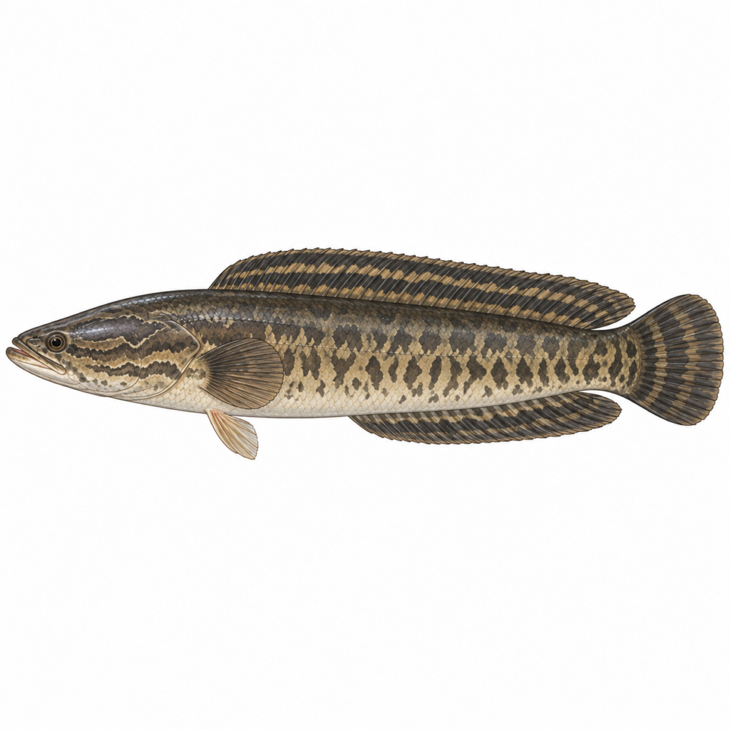 タイワンドジョウ（Channa maculata）の全身イラスト。細長い体に暗色の斑紋があり、長い背びれと丸い尾びれを持つ。