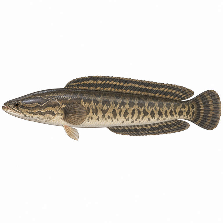 タイワンドジョウ（Channa maculata）の全身イラスト。細長い体に暗色の斑紋があり、長い背びれと丸い尾びれを持つ。