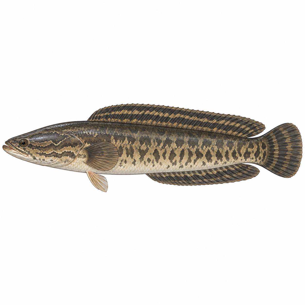 タイワンドジョウ（Channa maculata）の全身イラスト。細長い体に暗色の斑紋があり、長い背びれと丸い尾びれを持つ。